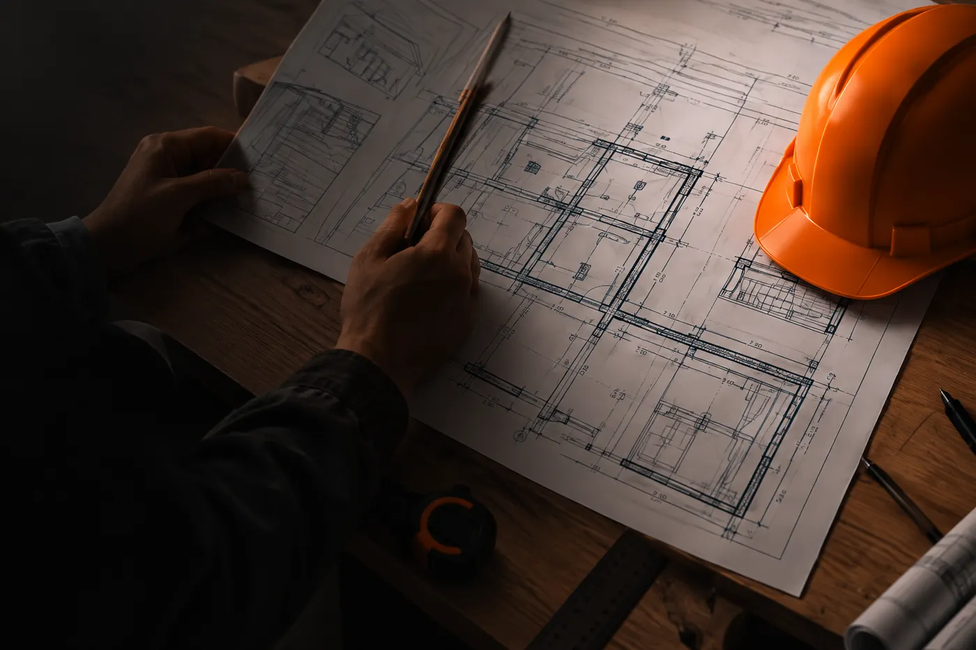 Plan de chantier et casque de sécurité orange sur un bureau